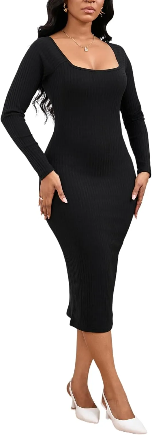 Women's Square Neck Long Sleeve Dress Ribbed Knit Cocktail Party Club Bodycon Slim Fit Midi Sweater Dress