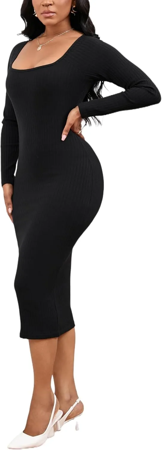 Women's Square Neck Long Sleeve Dress Ribbed Knit Cocktail Party Club Bodycon Slim Fit Midi Sweater Dress