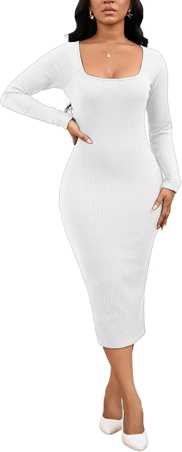 Women's Square Neck Long Sleeve Dress Ribbed Knit Cocktail Party Club Bodycon Slim Fit Midi Sweater Dress