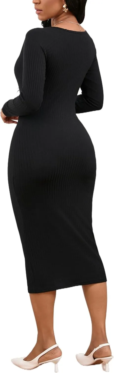 Women's Square Neck Long Sleeve Dress Ribbed Knit Cocktail Party Club Bodycon Slim Fit Midi Sweater Dress