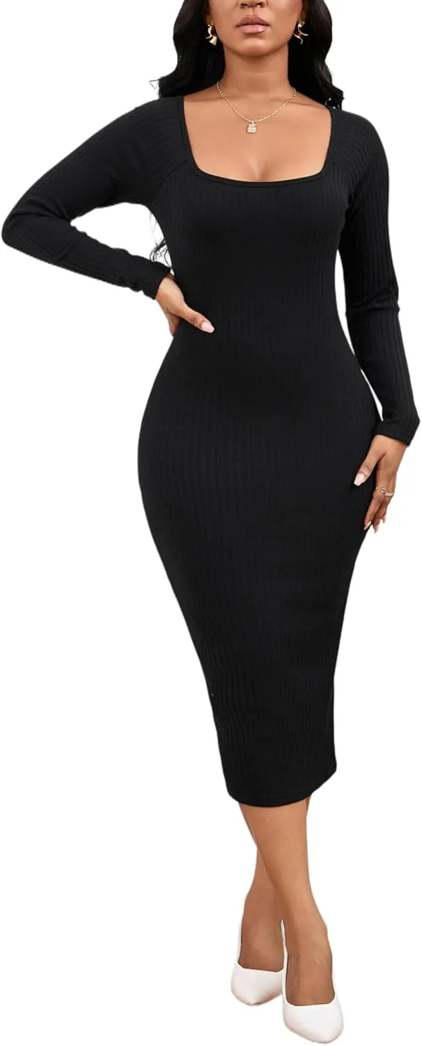 Women's Square Neck Long Sleeve Dress Ribbed Knit Cocktail Party Club Bodycon Slim Fit Midi Sweater Dress