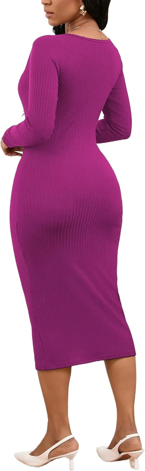 Women's Square Neck Long Sleeve Dress Ribbed Knit Cocktail Party Club Bodycon Slim Fit Midi Sweater Dress