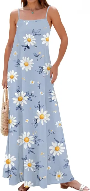 Womens Summer Beach Dresses Adjustable Spaghetti Strap Casual Maxi Sundress Sleeveless Flowy Backless Floral Dress