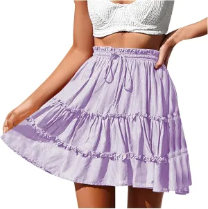 Women's Summer Boho A-line Mini Skirt Elastic Waist Drawstring Tiered Skirts Pleated Ruffle Hem Flowy Short Skirt