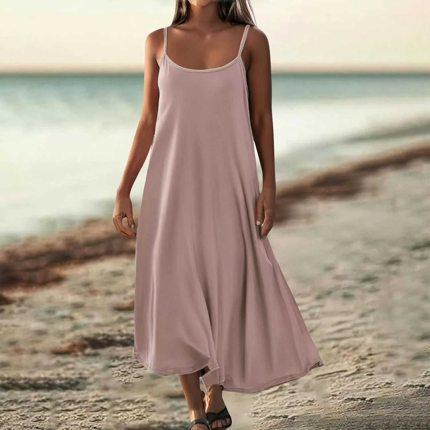 Womens Summer Boho Maxi Dress Casual Sleeveless Full Slip Spaghetti Strap Nightgown Modal Fabric Soft Long Maxi Dress
