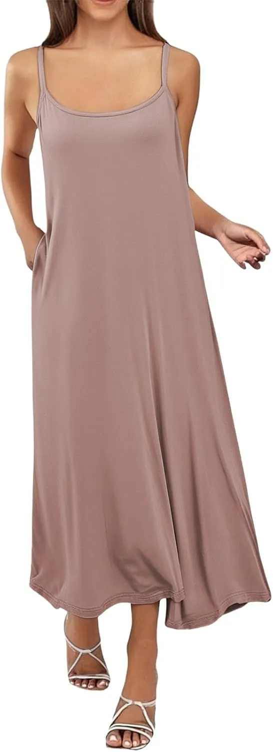 Womens Summer Boho Maxi Dress Casual Sleeveless Full Slip Spaghetti Strap Nightgown Modal Fabric Soft Long Maxi Dress