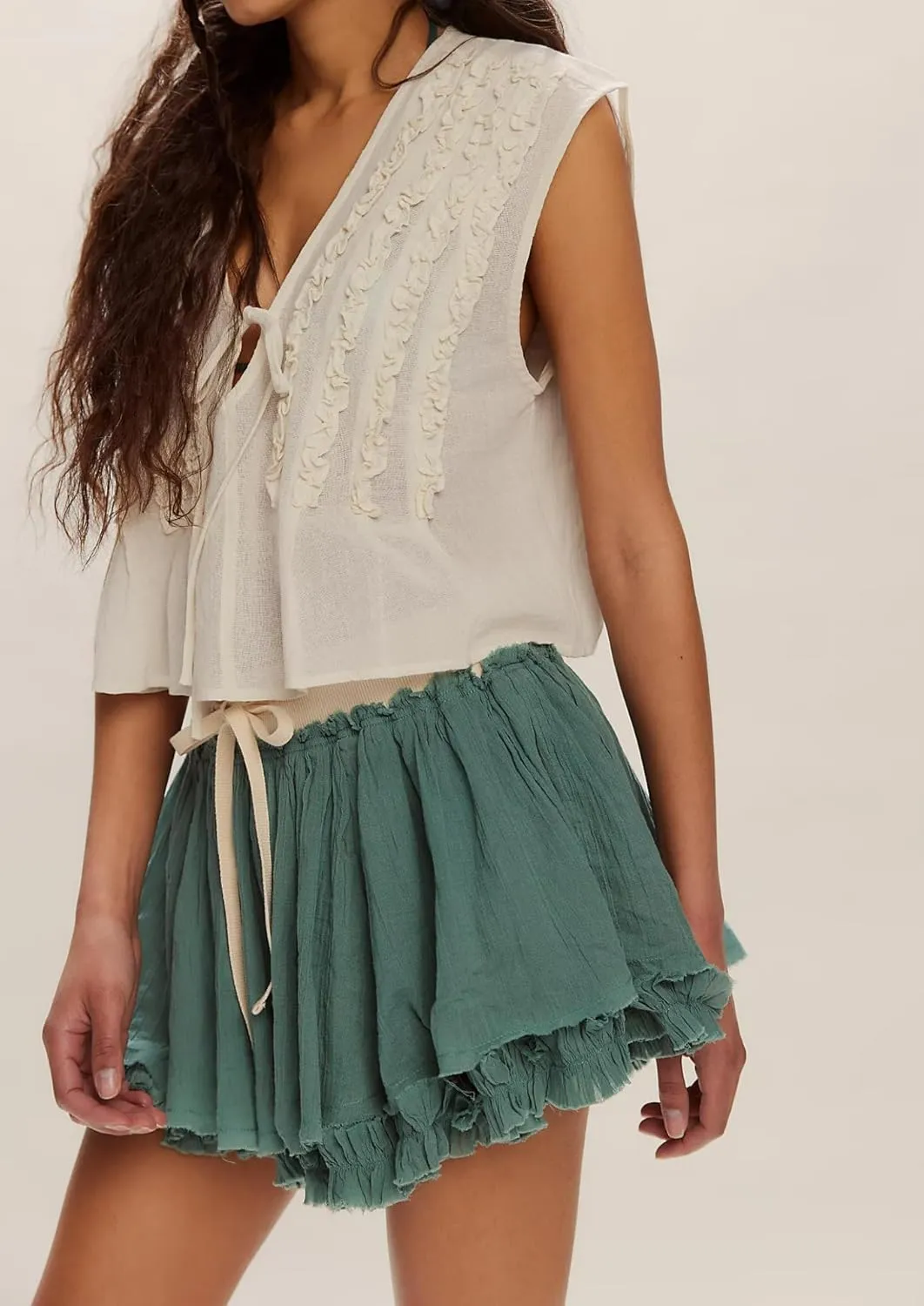 Women’s Summer Casual Mini Skirt Cute Drawstring Ruffle Tiered Skirts Flowy Vintage Layered High Waist Beach Skirt