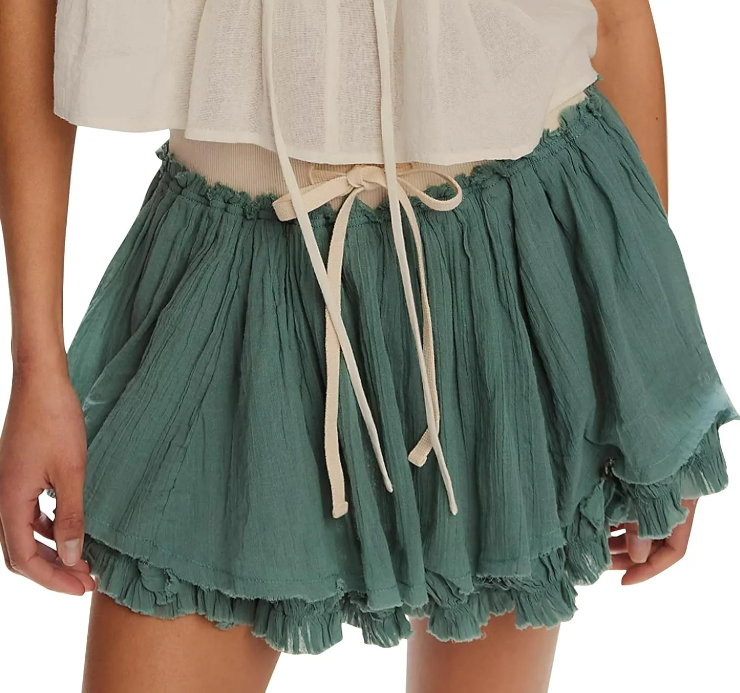 Women’s Summer Casual Mini Skirt Cute Drawstring Ruffle Tiered Skirts Flowy Vintage Layered High Waist Beach Skirt