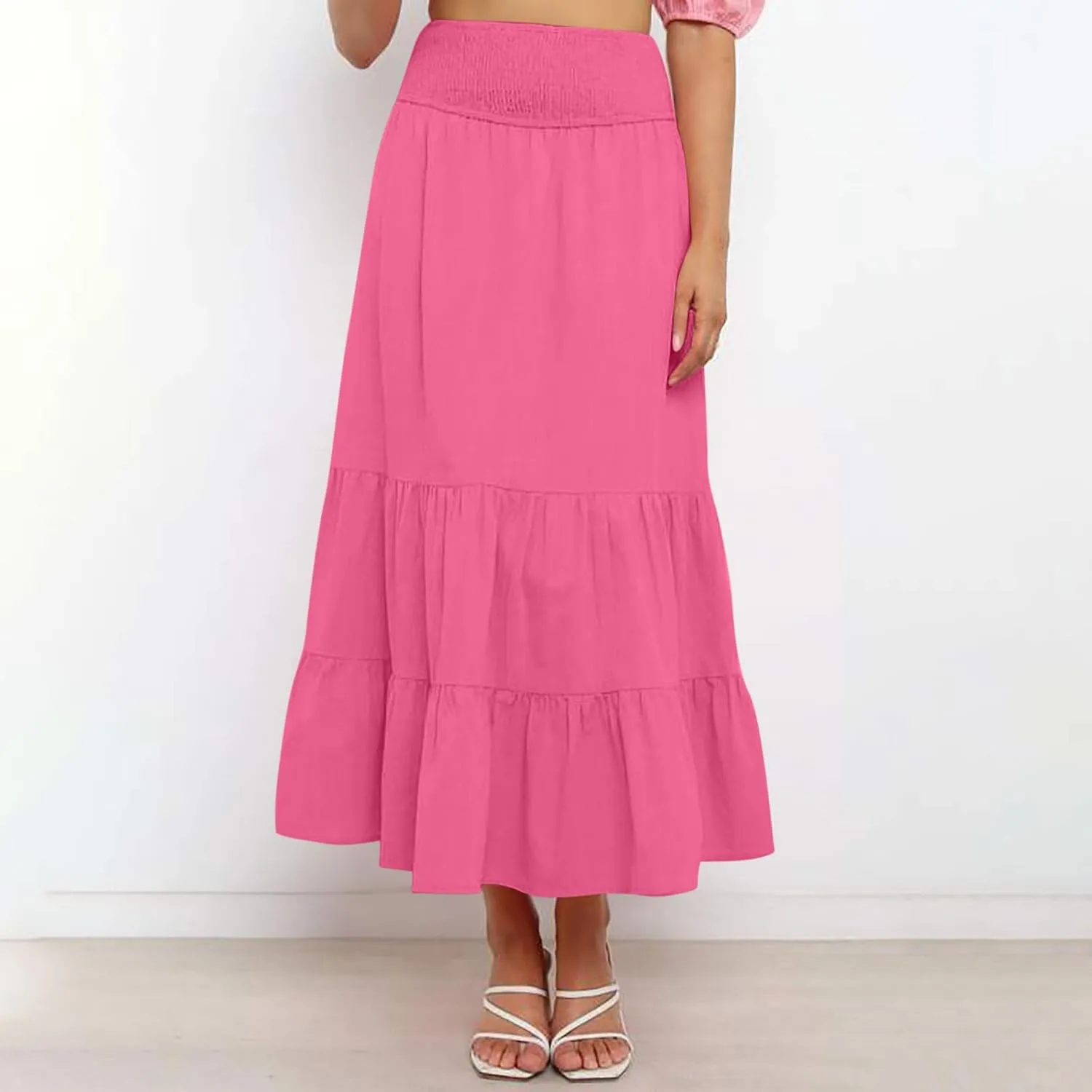 Women's Summer Comfy Tiered Skirts Elastic High Waisted A-Line Skirts Casual Beach Vacation Flowy Long Skirts