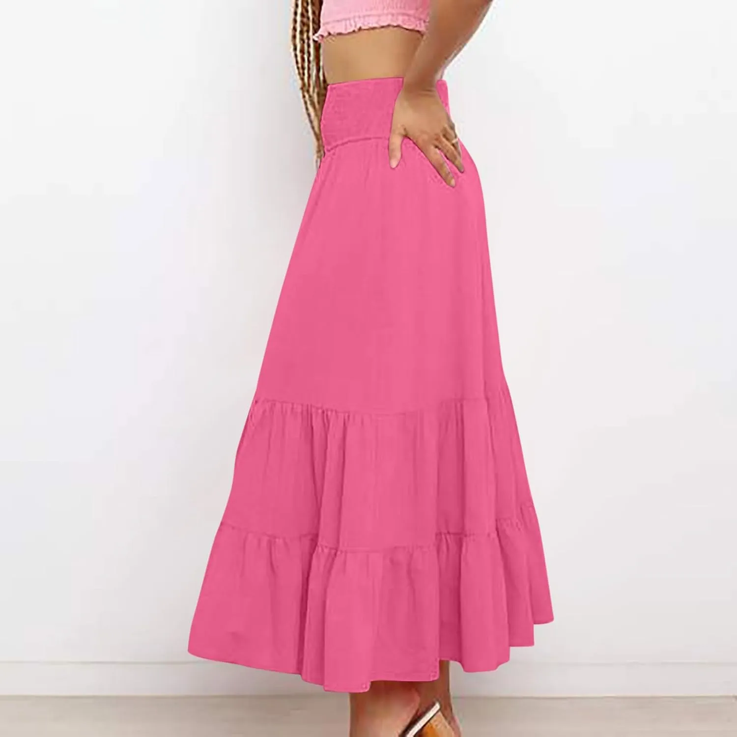 Women's Summer Comfy Tiered Skirts Elastic High Waisted A-Line Skirts Casual Beach Vacation Flowy Long Skirts