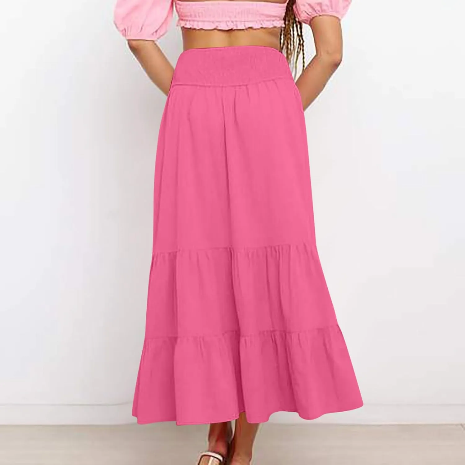 Women's Summer Comfy Tiered Skirts Elastic High Waisted A-Line Skirts Casual Beach Vacation Flowy Long Skirts