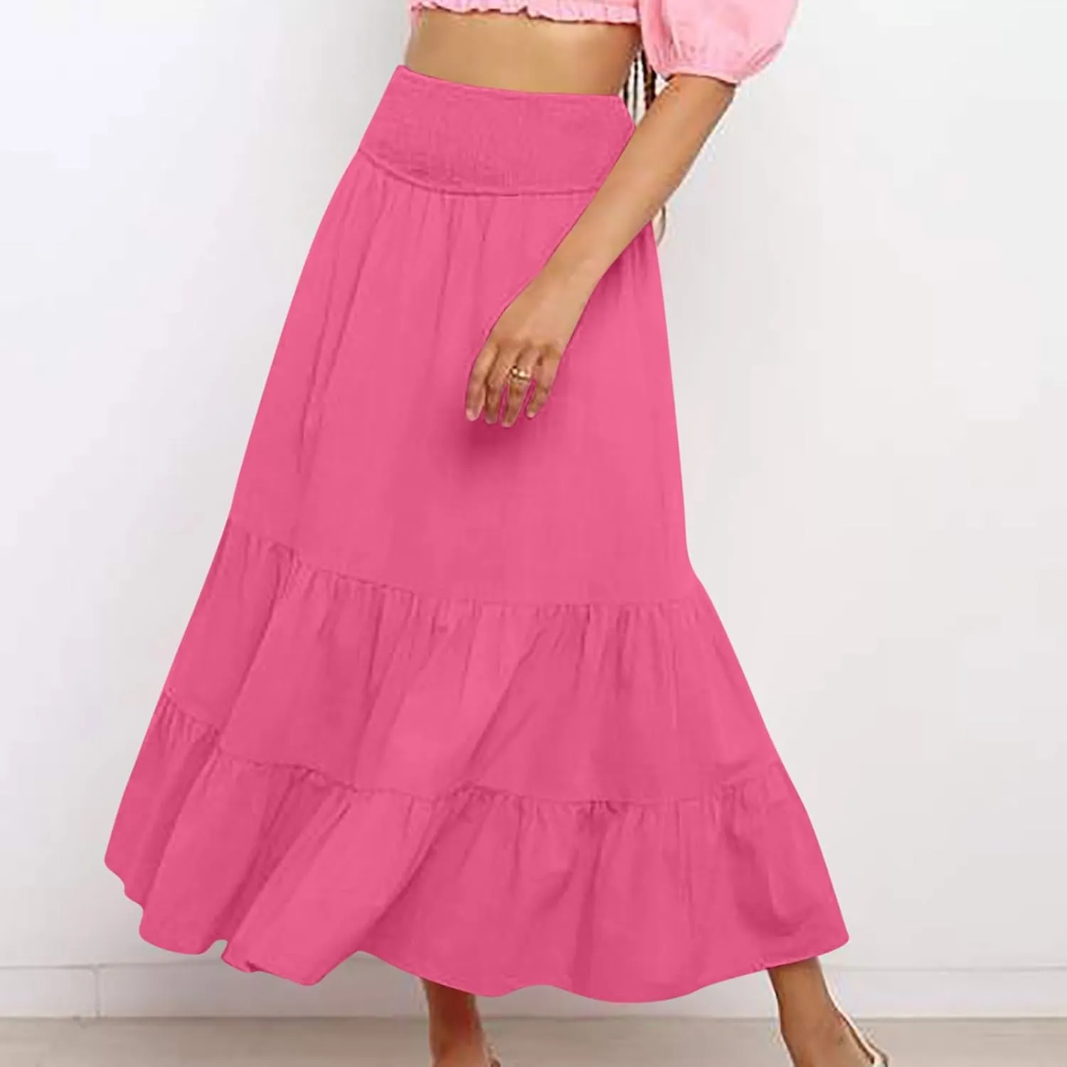 Women's Summer Comfy Tiered Skirts Elastic High Waisted A-Line Skirts Casual Beach Vacation Flowy Long Skirts