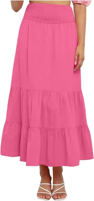 Women's Summer Comfy Tiered Skirts Elastic High Waisted A-Line Skirts Casual Beach Vacation Flowy Long Skirts