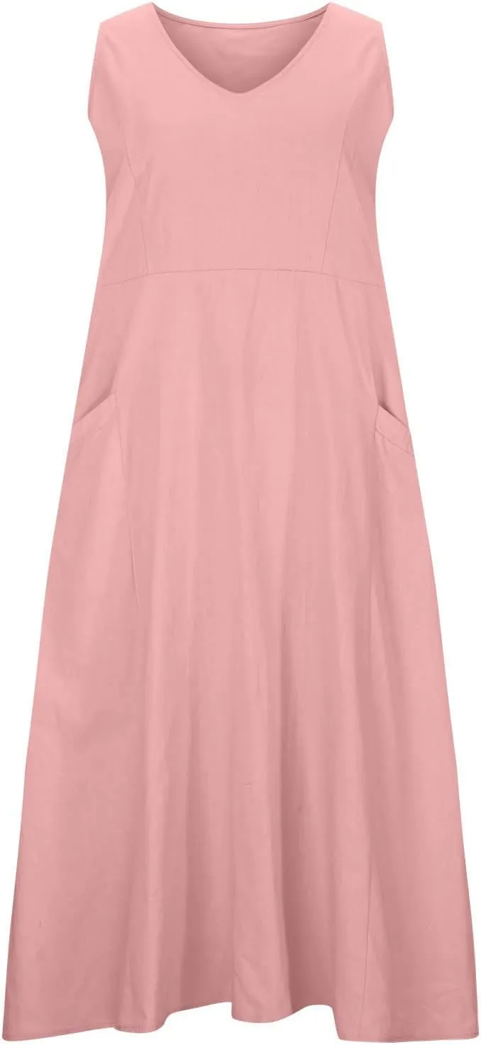 Womens Summer Cotton Linen Dresses 2025 Plus Size Travel Maxi Dresses with Pockets Vacation Wear Casual Spring Dress
