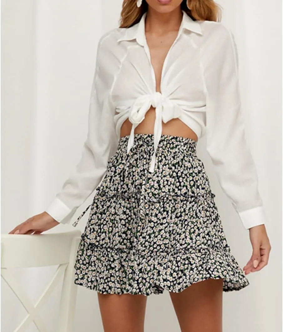 Womens Summer Flowy Tiered Ruffle Mini Skirt Cute High Waist Beach Boho Floral Polka Dot Short Skirts