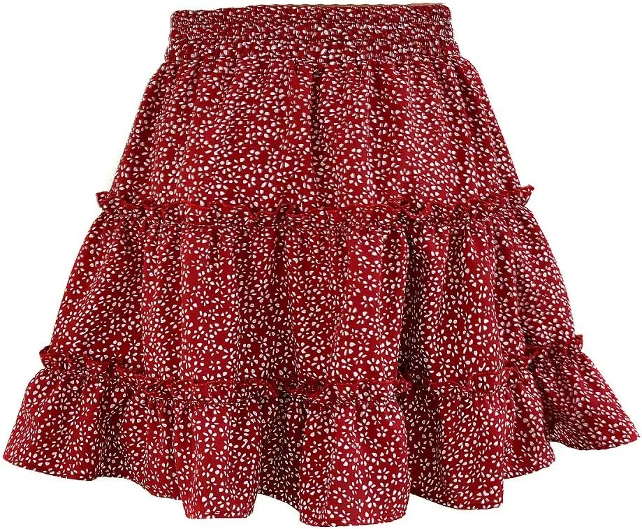 Womens Summer Flowy Tiered Ruffle Mini Skirt Cute High Waist Beach Boho Floral Polka Dot Short Skirts