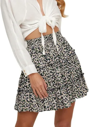 Womens Summer Flowy Tiered Ruffle Mini Skirt Cute High Waist Beach Boho Floral Polka Dot Short Skirts