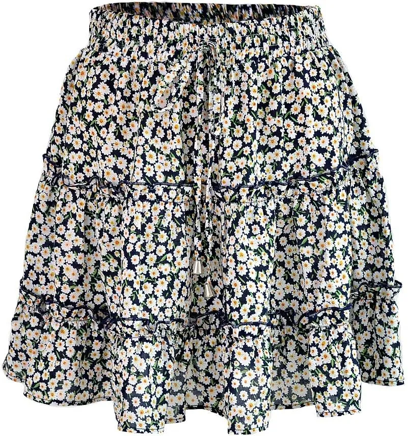 Womens Summer Flowy Tiered Ruffle Mini Skirt Cute High Waist Beach Boho Floral Polka Dot Short Skirts