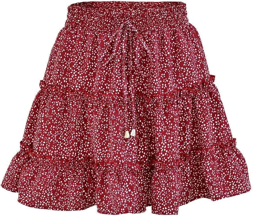 Womens Summer Flowy Tiered Ruffle Mini Skirt Cute High Waist Beach Boho Floral Polka Dot Short Skirts