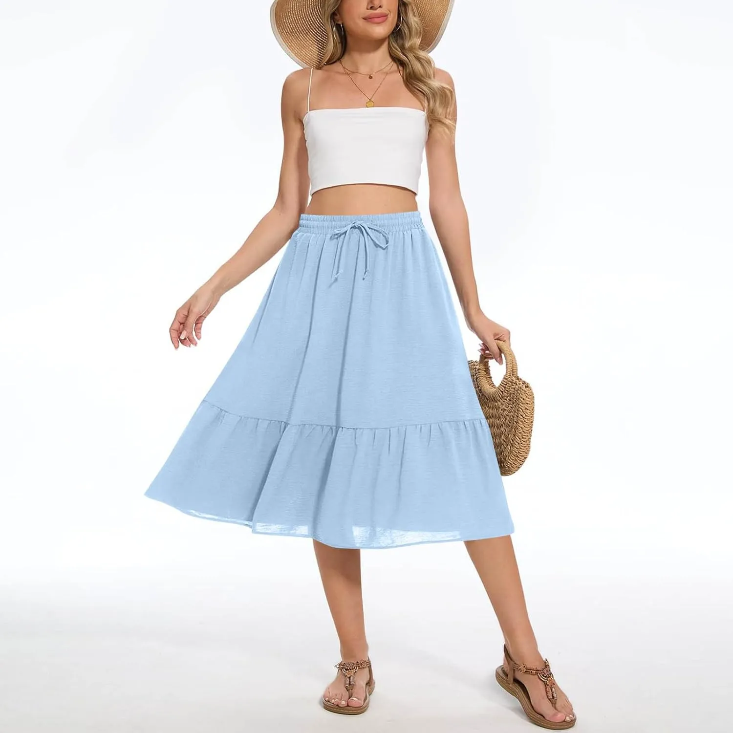 Women's Summer High Waisted Skirts Tiered Ruffle Skirts Boho Flowy Swing Pleated Skirt Casual A-Line Maxi Skirt