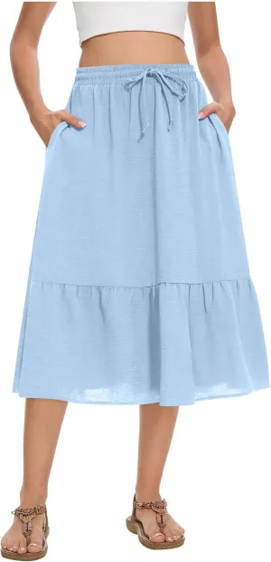 Women's Summer High Waisted Skirts Tiered Ruffle Skirts Boho Flowy Swing Pleated Skirt Casual A-Line Maxi Skirt