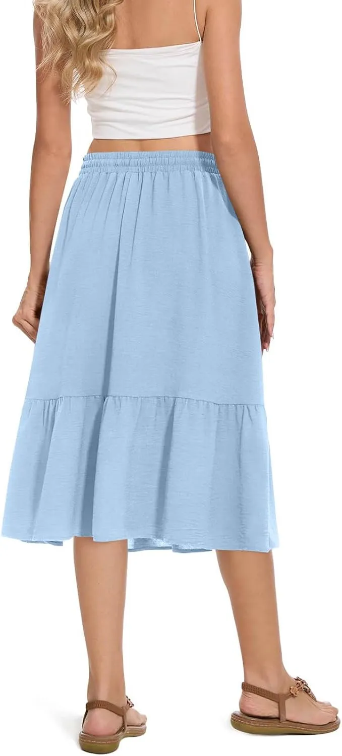 Women's Summer High Waisted Skirts Tiered Ruffle Skirts Boho Flowy Swing Pleated Skirt Casual A-Line Maxi Skirt