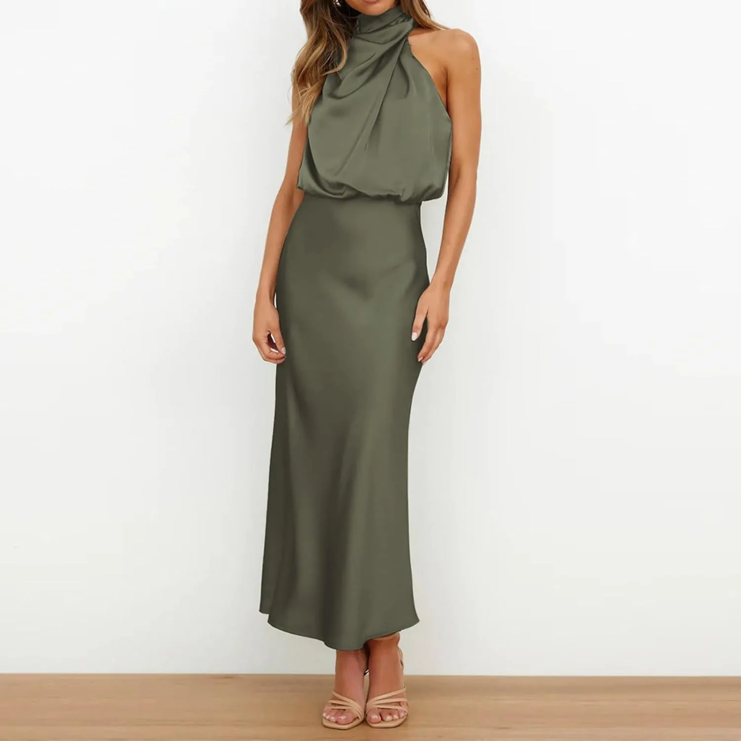 Women's Summer Long Formal Satin Dress Mock Neck Sleeveless Side Slit Flowy Maxi Tank Dresses Plus Size Summer