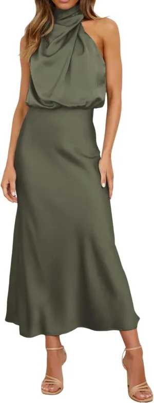 Women's Summer Long Formal Satin Dress Mock Neck Sleeveless Side Slit Flowy Maxi Tank Dresses Plus Size Summer