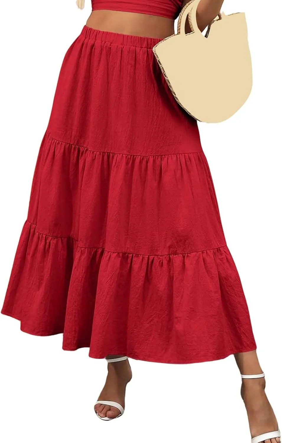 Women's Summer Maxi Skirt Elastic High Waist A-Line Tiered Swing Long Skirts Ruffle Pleated Long Beach Dress