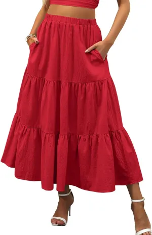 Women's Summer Maxi Skirt Elastic High Waist A-Line Tiered Swing Long Skirts Ruffle Pleated Long Beach Dress