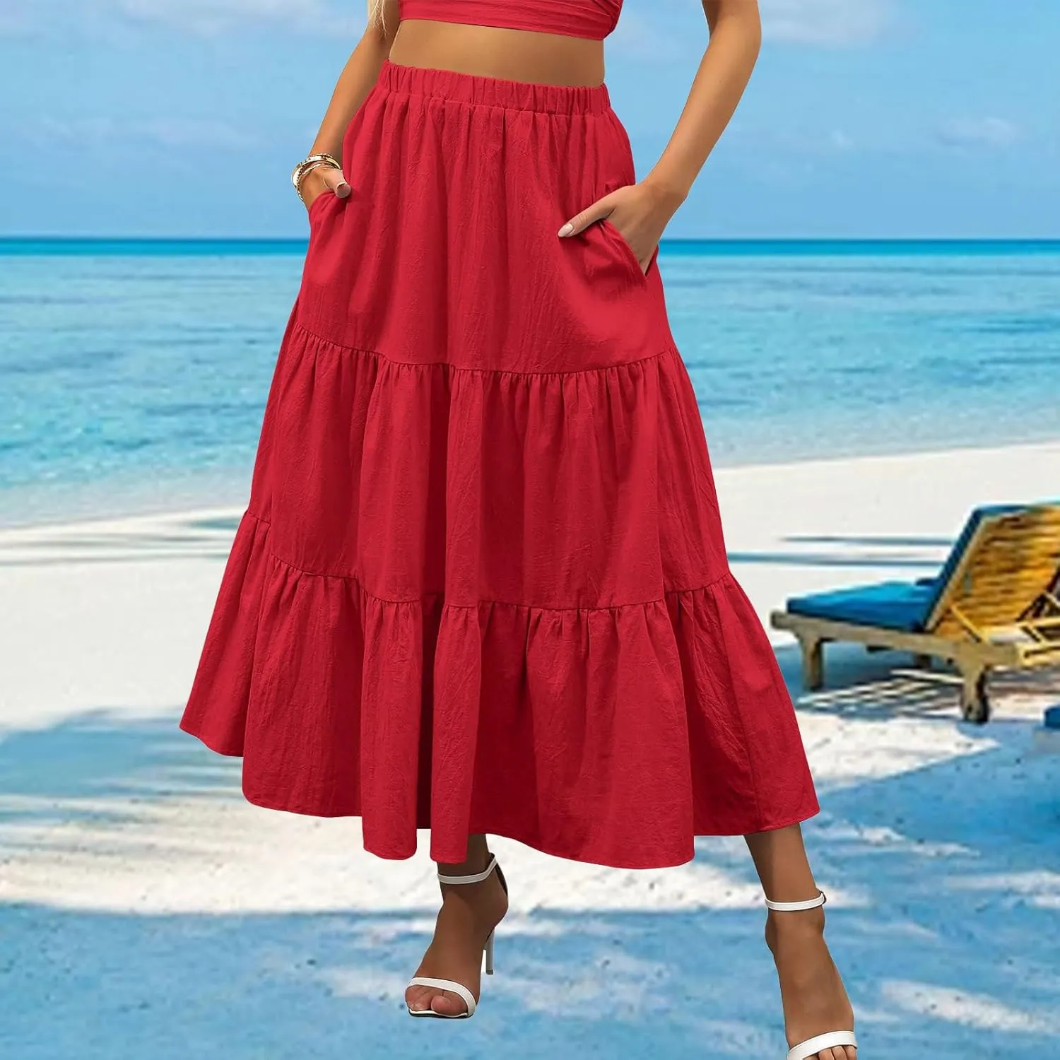 Women's Summer Maxi Skirt Elastic High Waist A-Line Tiered Swing Long Skirts Ruffle Pleated Long Beach Dress