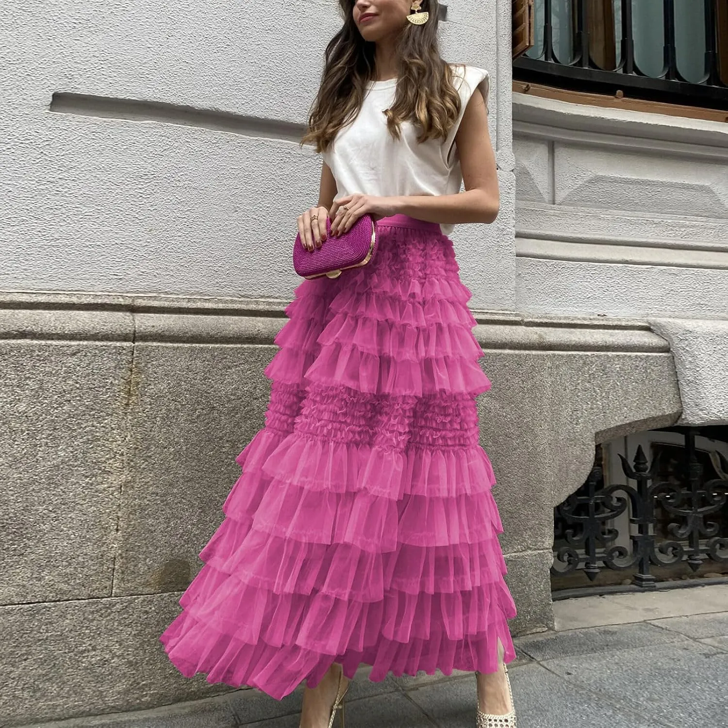 Women's Sweet Elastic Waist A-line Tulle Layered Ruffles Long Puffy Tiered Skirt