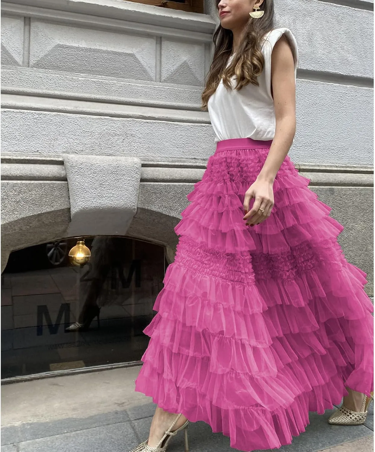Women's Sweet Elastic Waist A-line Tulle Layered Ruffles Long Puffy Tiered Skirt