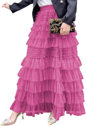 Women's Sweet Elastic Waist A-line Tulle Layered Ruffles Long Puffy Tiered Skirt