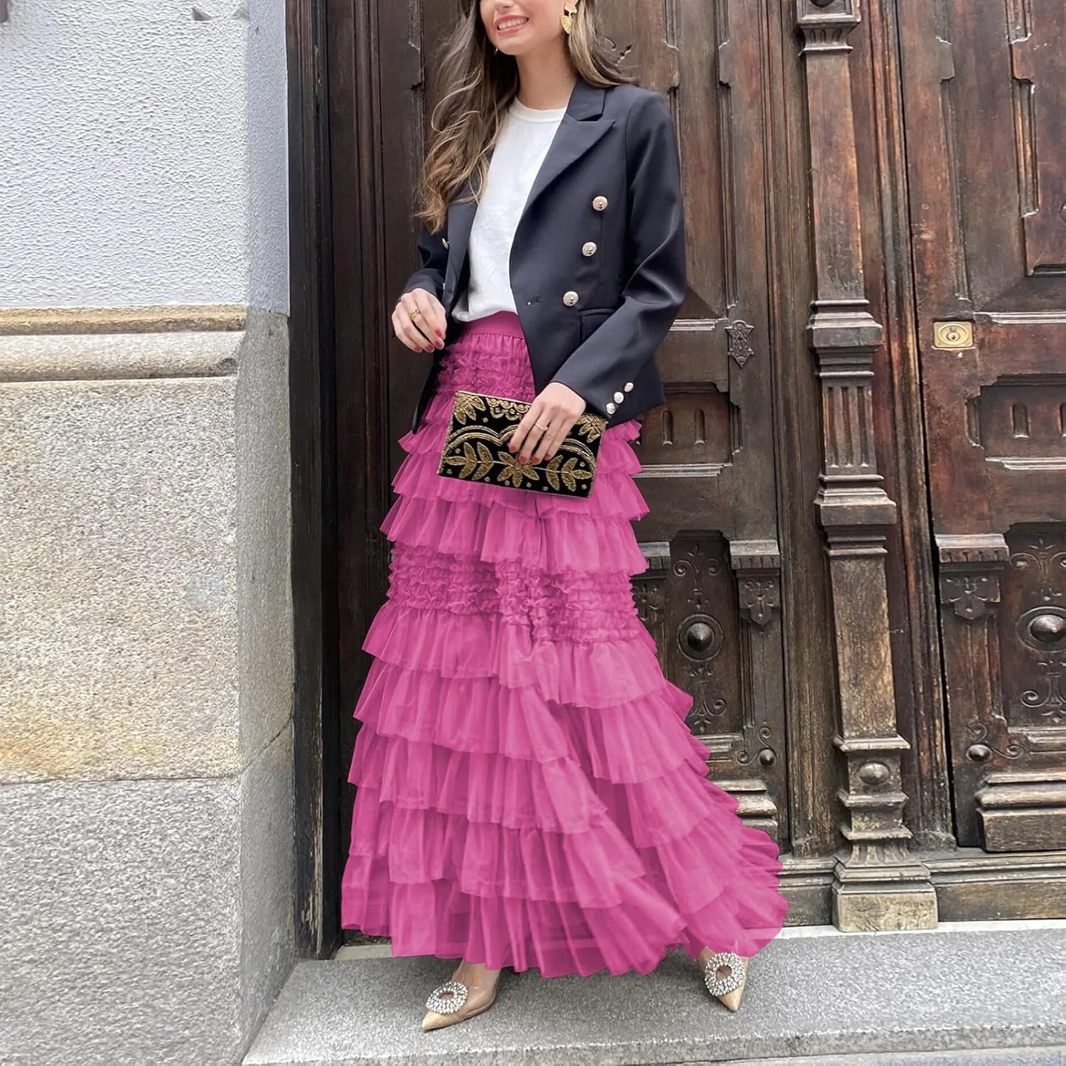 Women's Sweet Elastic Waist A-line Tulle Layered Ruffles Long Puffy Tiered Skirt