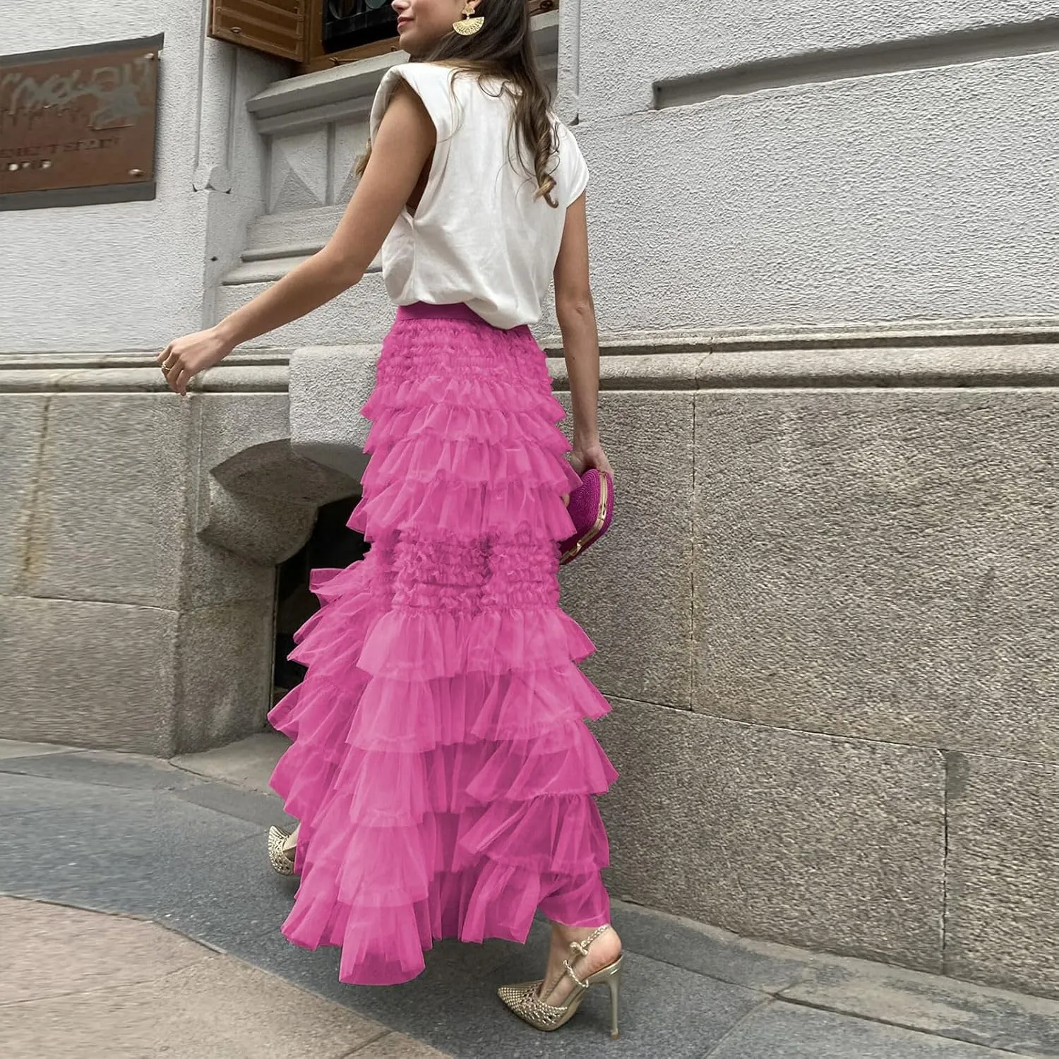 Women's Sweet Elastic Waist A-line Tulle Layered Ruffles Long Puffy Tiered Skirt