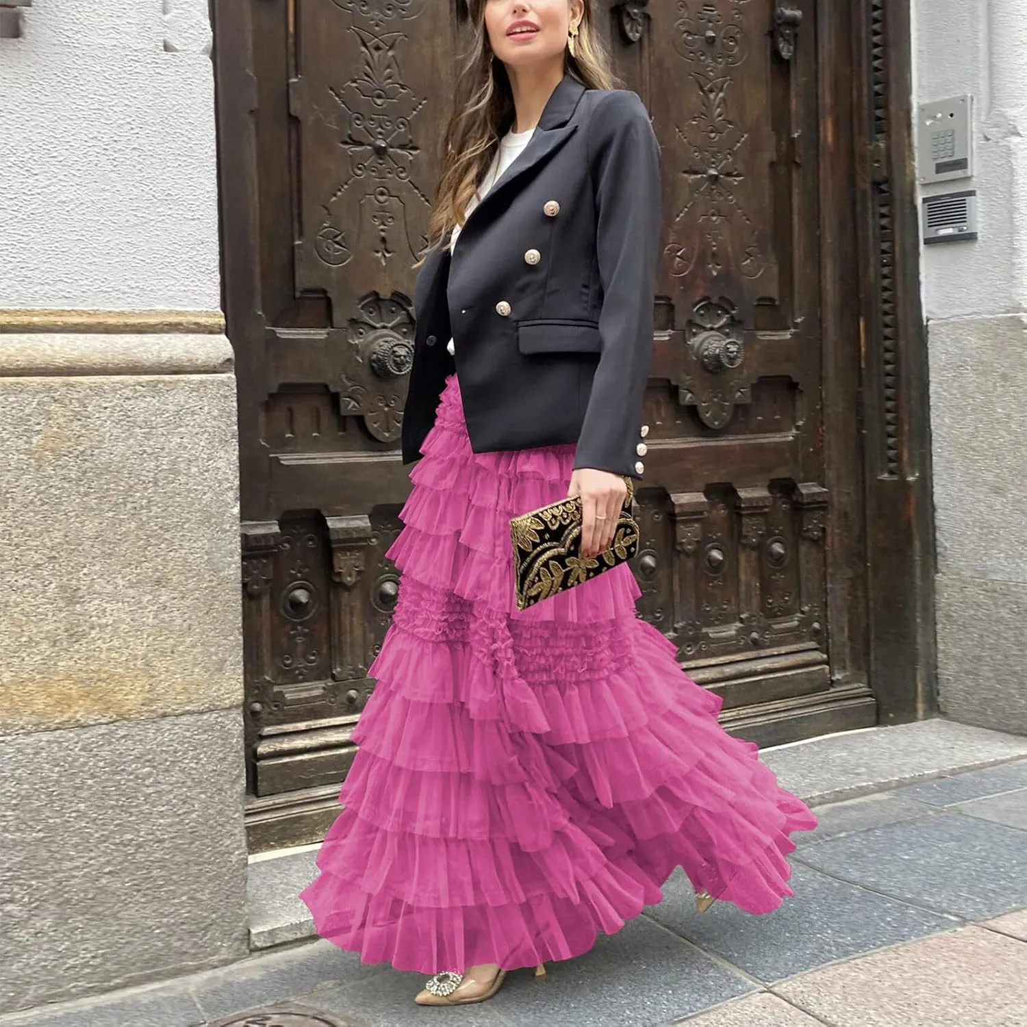 Women's Sweet Elastic Waist A-line Tulle Layered Ruffles Long Puffy Tiered Skirt