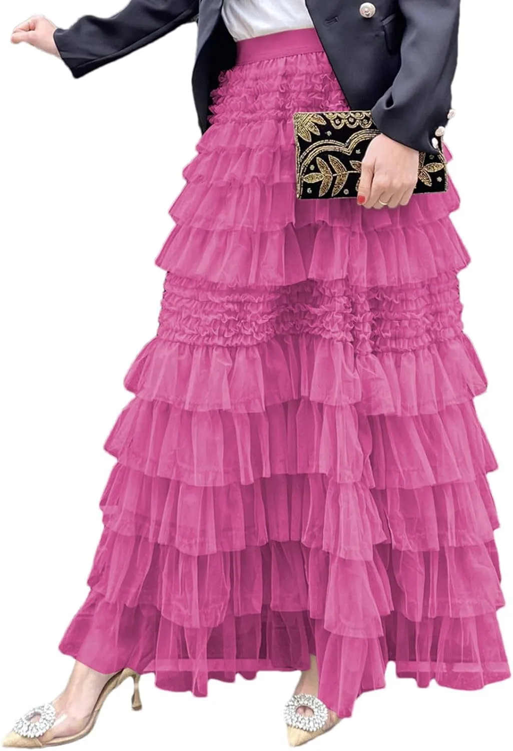 Women's Sweet Elastic Waist A-line Tulle Layered Ruffles Long Puffy Tiered Skirt