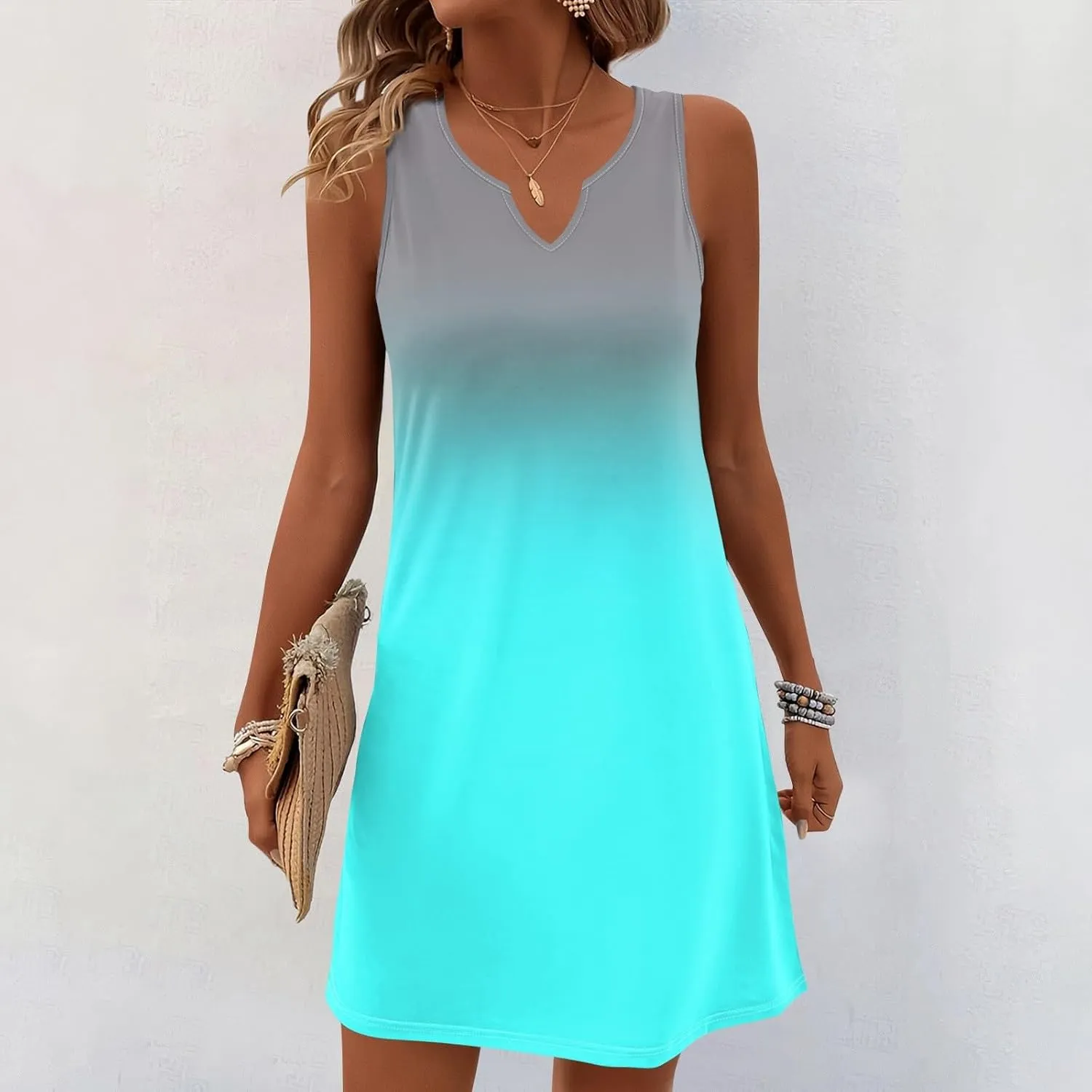 Women's Tank Nightgown Dresses V Neck Sleepshirts Soft Dress Sleeveless Solid Color Chemise Nightdress S-XXL