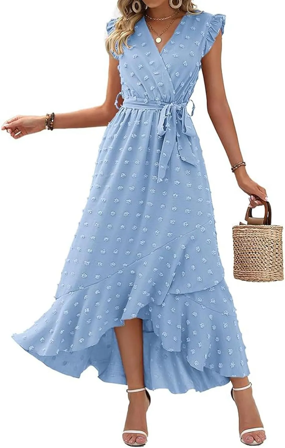 Womens V Neck Summer Dress 2025 Cap Sleeve Swiss Dot Boho Flowy Ruffle Slit Beach Party Long Maxi Cocktail Dresses