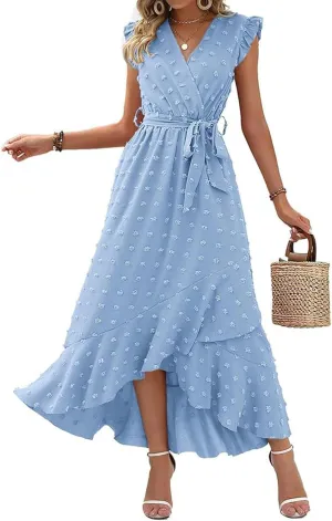 Womens V Neck Summer Dress 2025 Cap Sleeve Swiss Dot Boho Flowy Ruffle Slit Beach Party Long Maxi Cocktail Dresses
