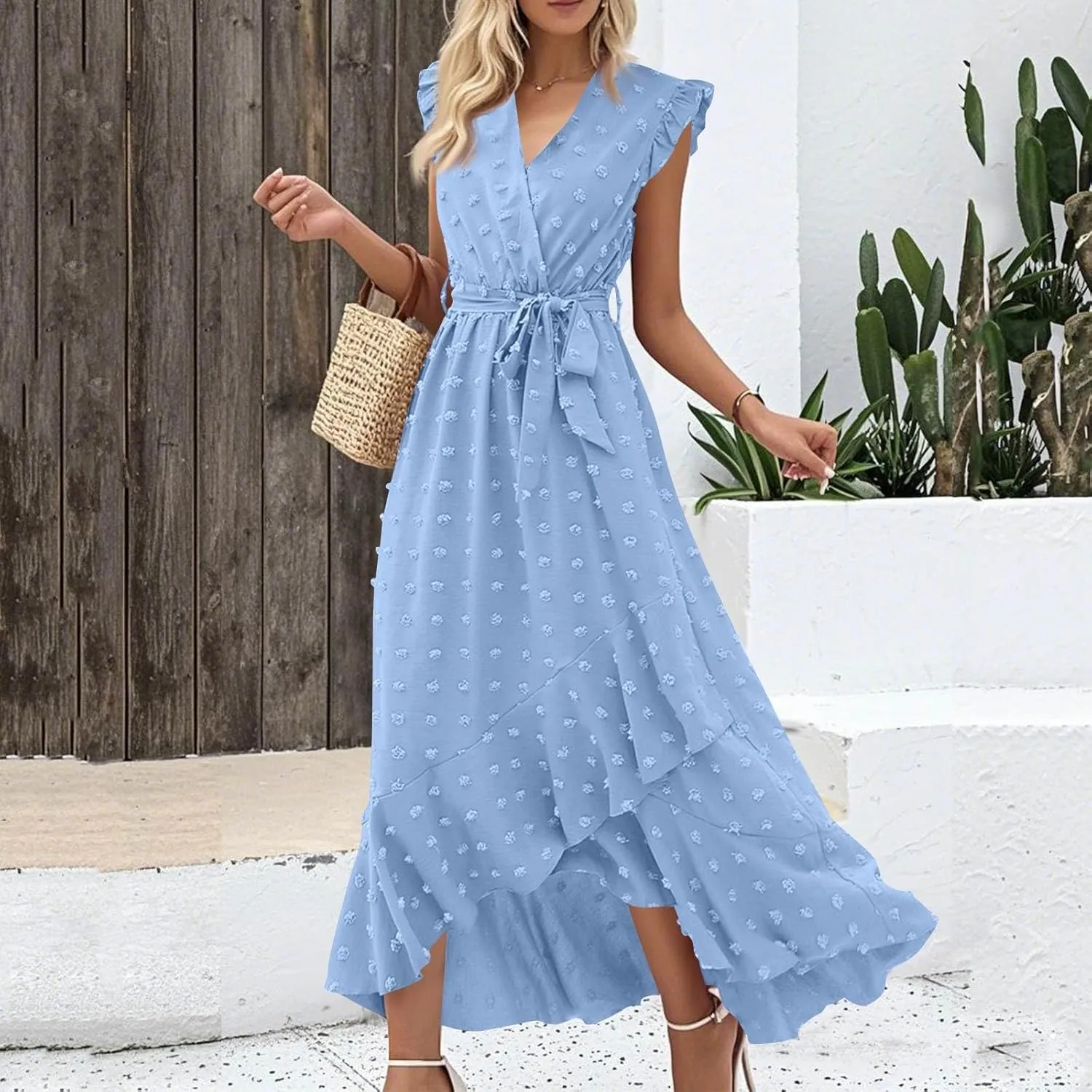 Womens V Neck Summer Dress 2025 Cap Sleeve Swiss Dot Boho Flowy Ruffle Slit Beach Party Long Maxi Cocktail Dresses
