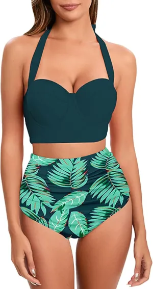 Womens Vintage Polka Underwire High Waisted Swimsuit Flattering Two Piece Swimsuits Floral Bikini Sets Retro Bathing Suits