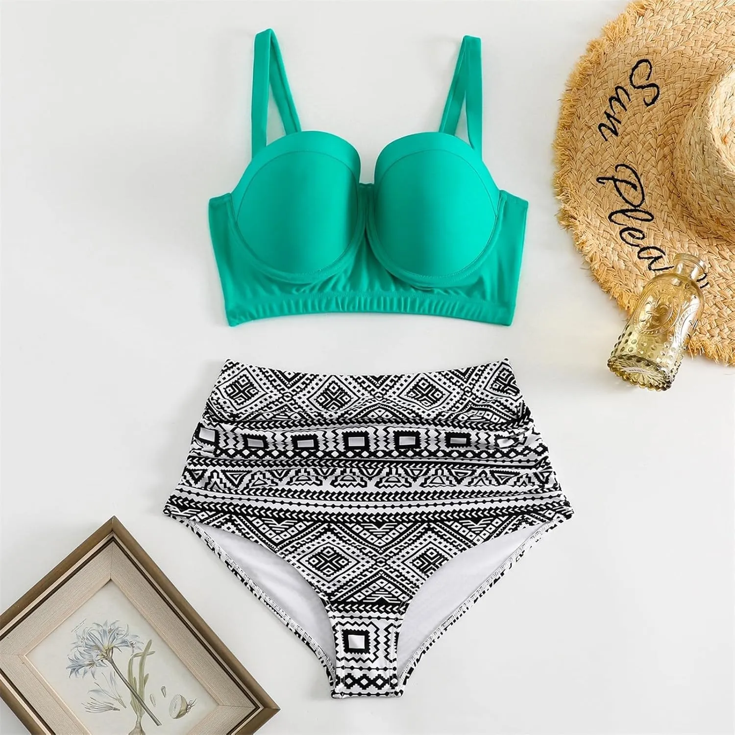 Womens Vintage Polka Underwire High Waisted Swimsuit Flattering Two Piece Swimsuits Floral Bikini Sets Retro Bathing Suits