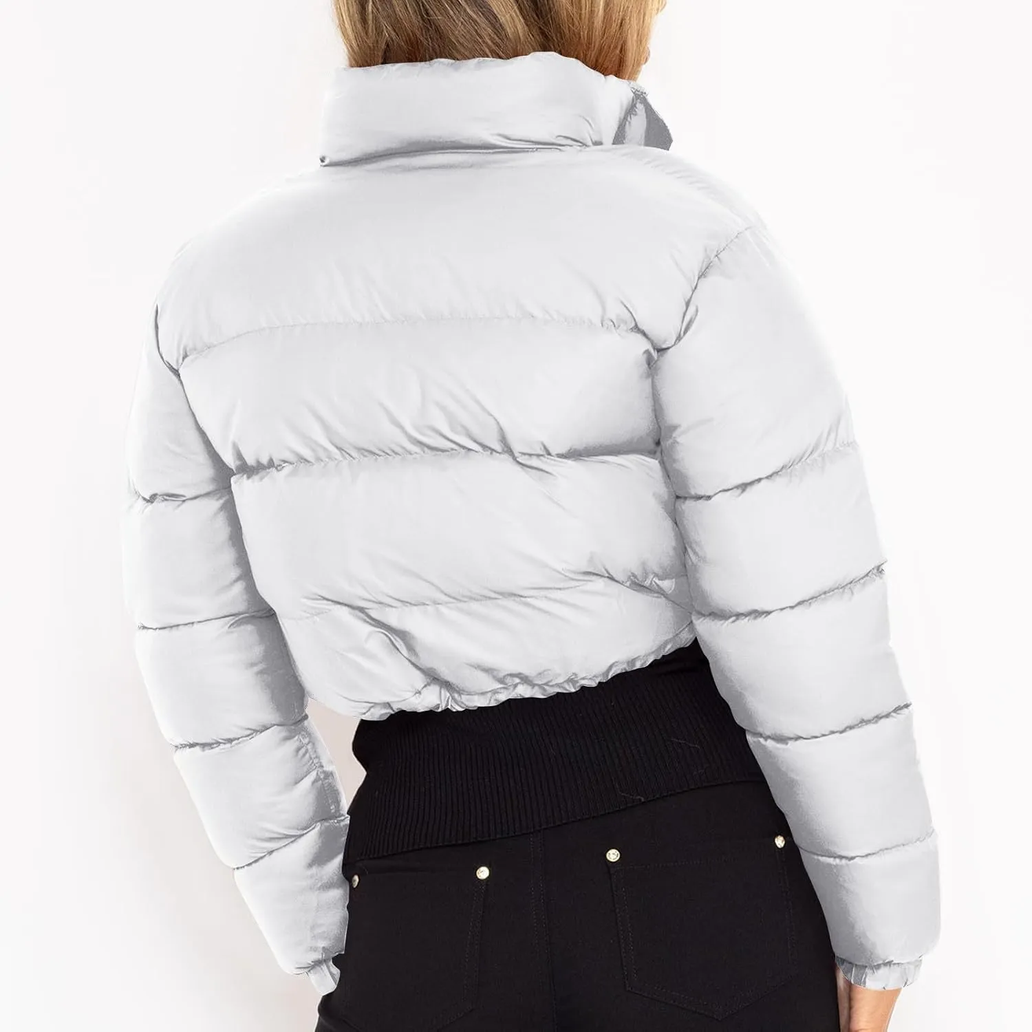 Women's Winter Cropped Puffer Jacket Stand Collar Zip Drawstring Short Padded Down Coats Slim Fit Outerwear