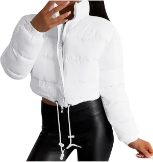 Women's Winter Cropped Puffer Jacket Stand Collar Zip Drawstring Short Padded Down Coats Slim Fit Outerwear
