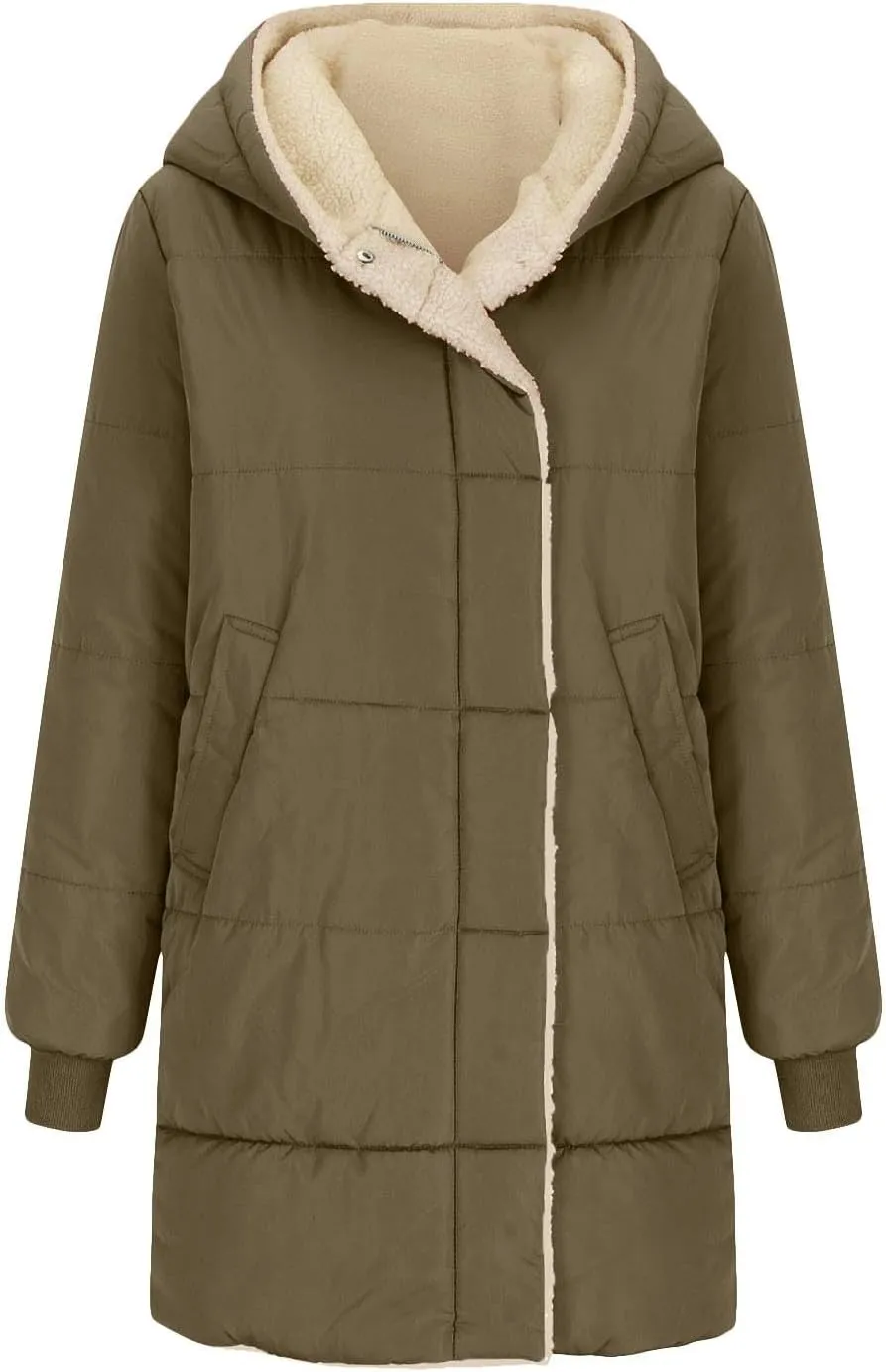 Womens Winter Long Down Coats Teddy Fleece Lined Jacket Plus Size Warm Down Thicken Hooded Windproof Quilted Puffer Jackets