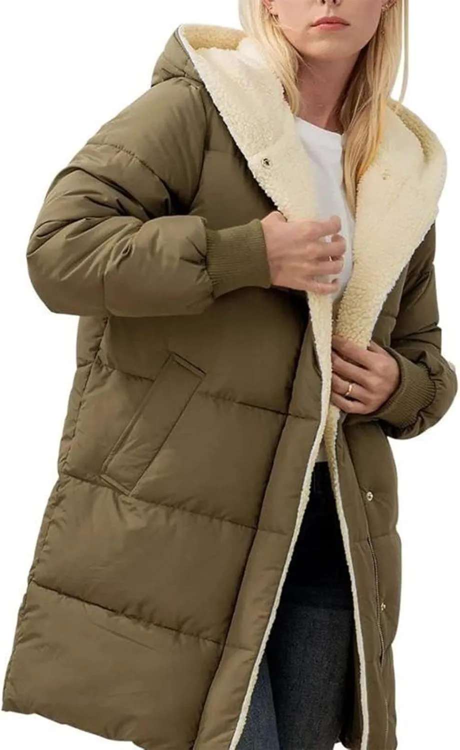 Womens Winter Long Down Coats Teddy Fleece Lined Jacket Plus Size Warm Down Thicken Hooded Windproof Quilted Puffer Jackets