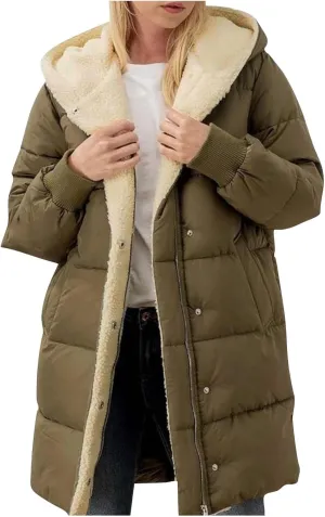 Womens Winter Long Down Coats Teddy Fleece Lined Jacket Plus Size Warm Down Thicken Hooded Windproof Quilted Puffer Jackets