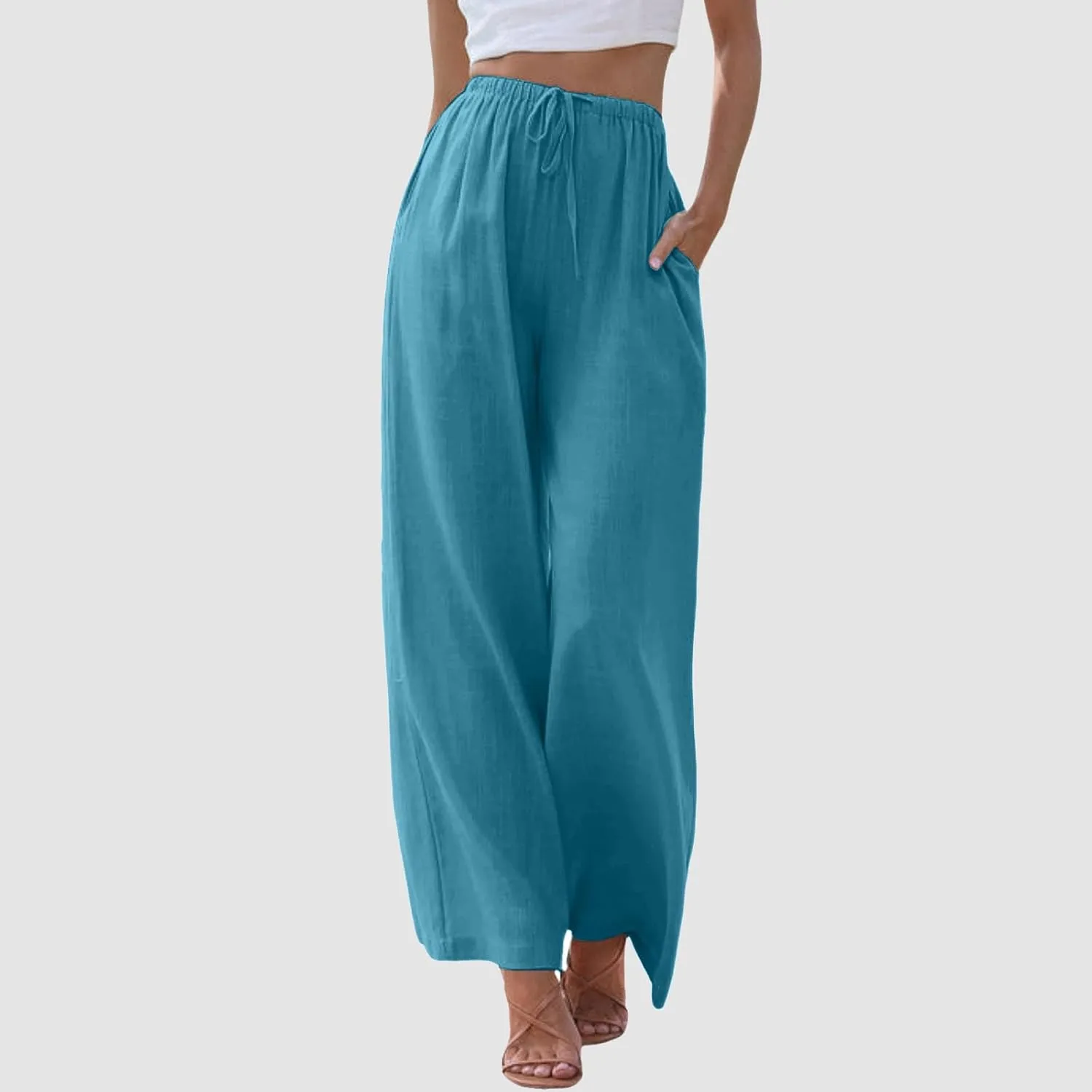 Womens Yoga Pants High Waisted Pants Drawstring Elastic Waist Straight Leg Loose Fit Trousers with Pockets